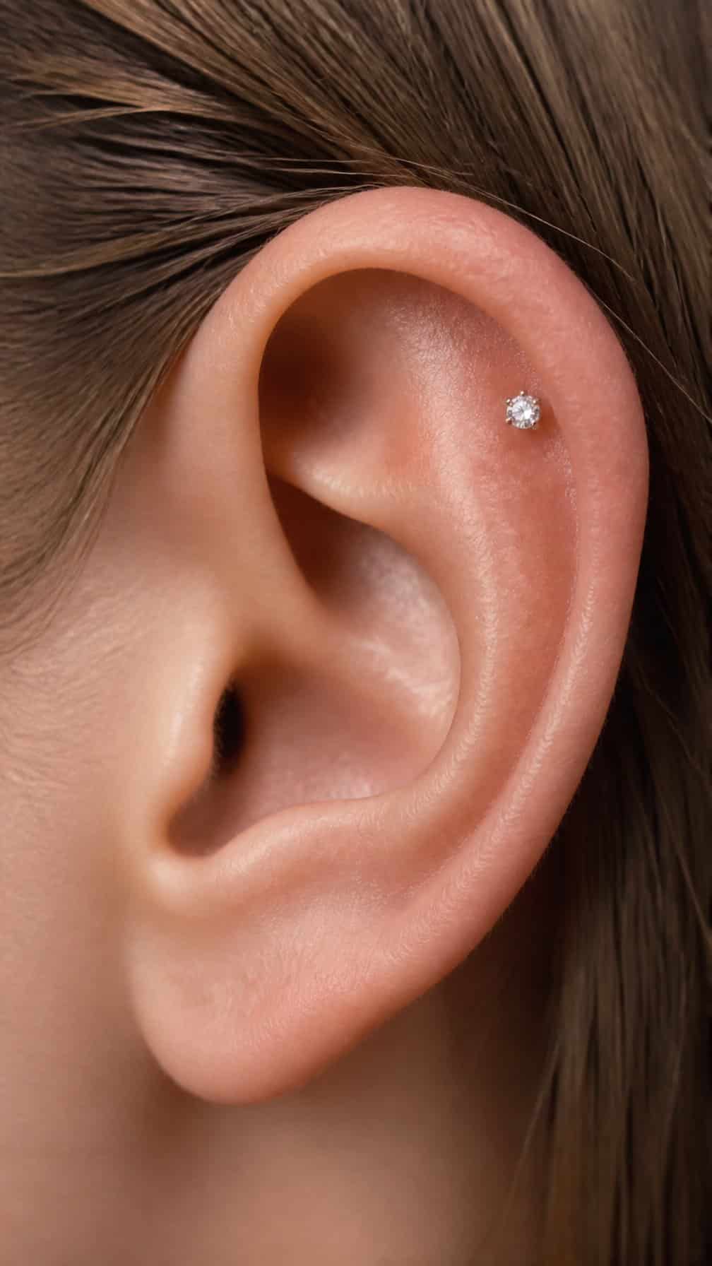 Close-up of an upper ear wearing a tiny diamond helix stud.