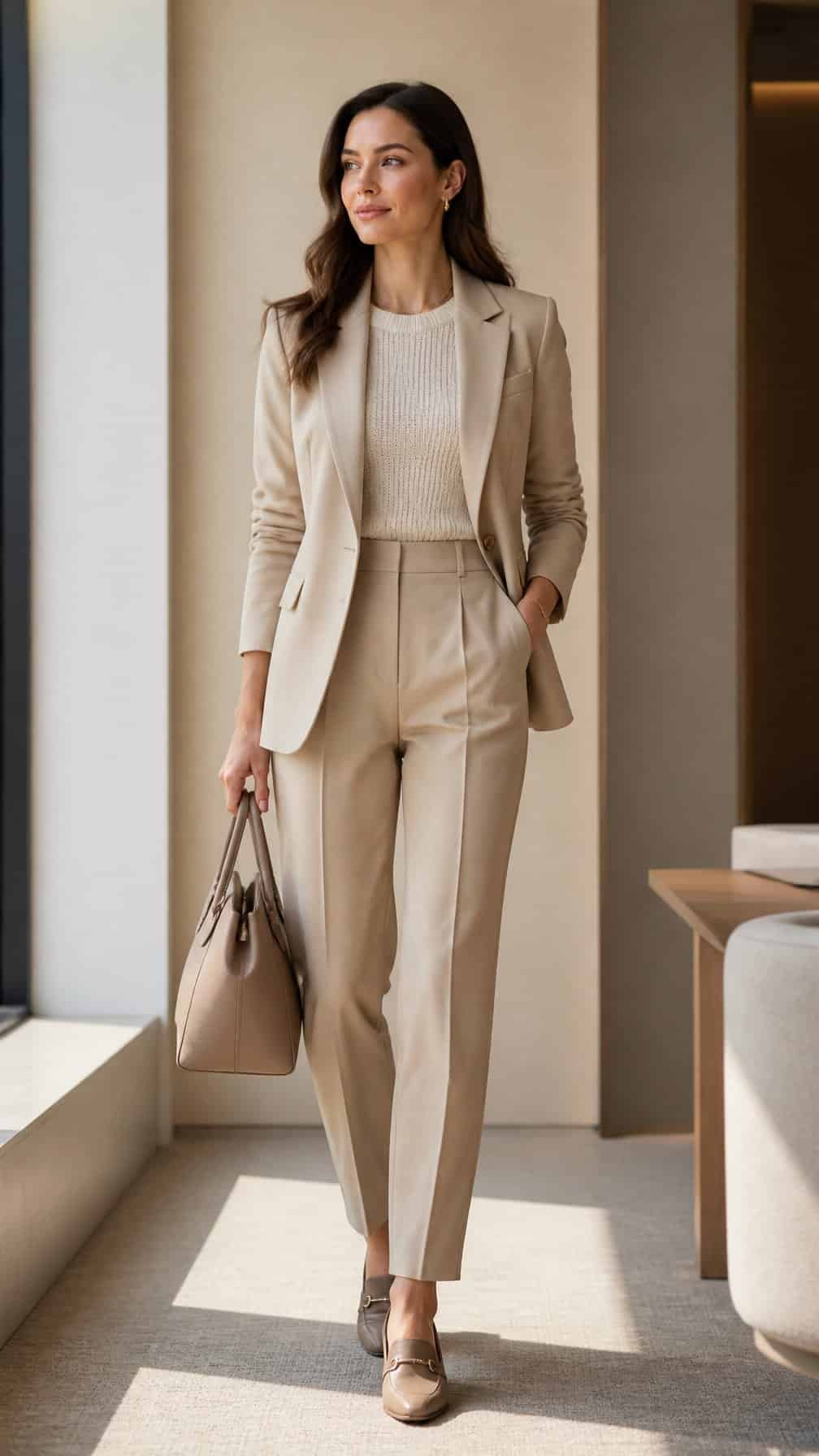 A woman wears a beige suit with a textured knit top in a bright modern office.