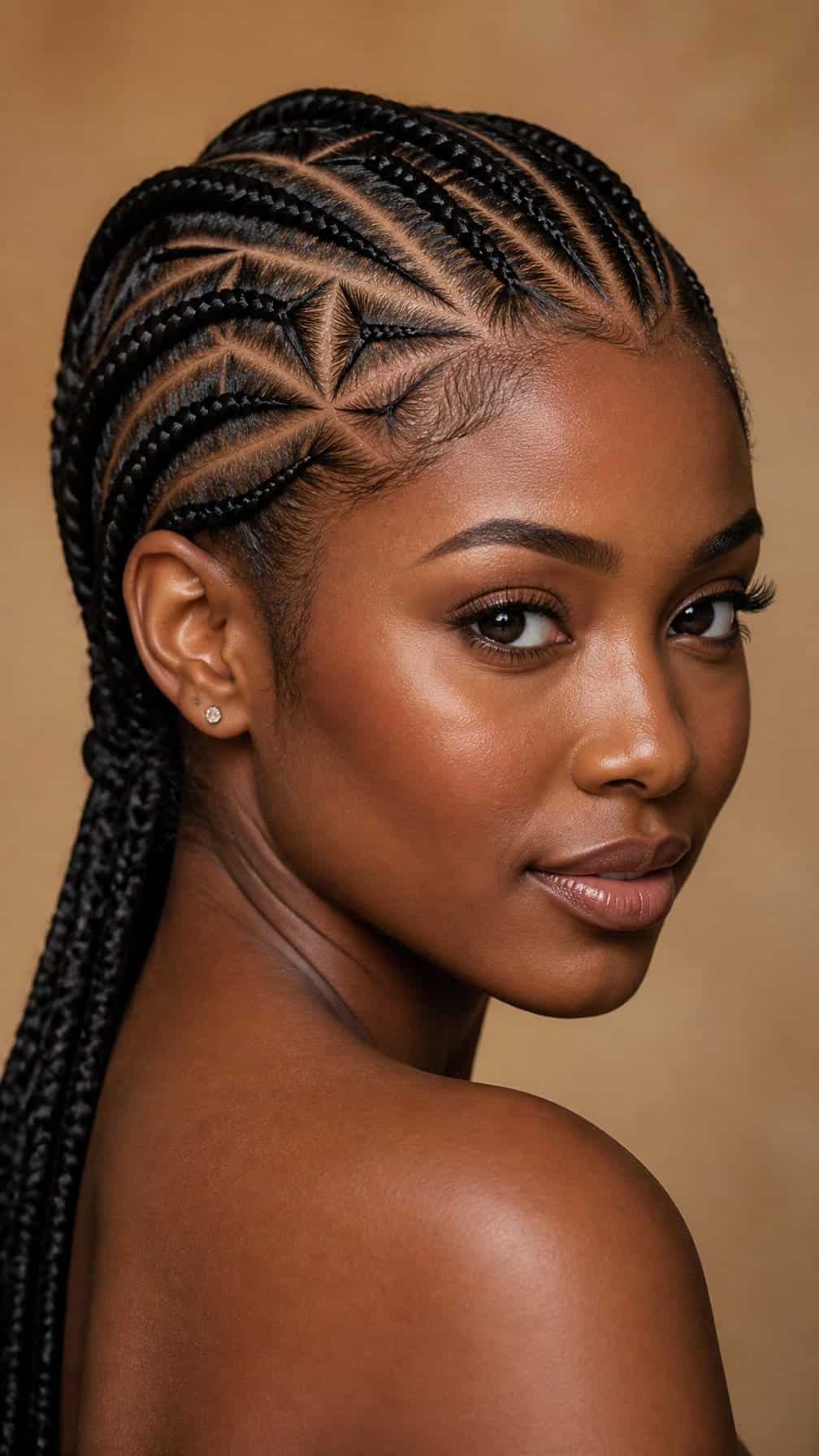 A woman with neatly braided hair poses against a plain background.