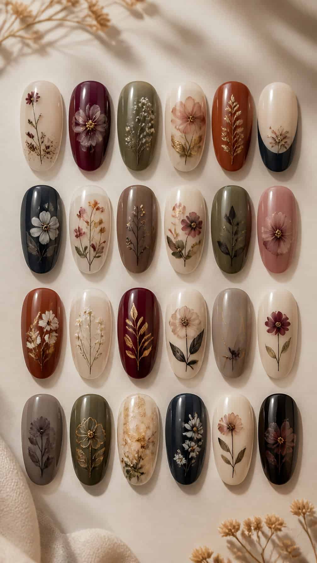 Twenty-four sophisticated floral nail designs arranged in a neat collection on a neutral surface.