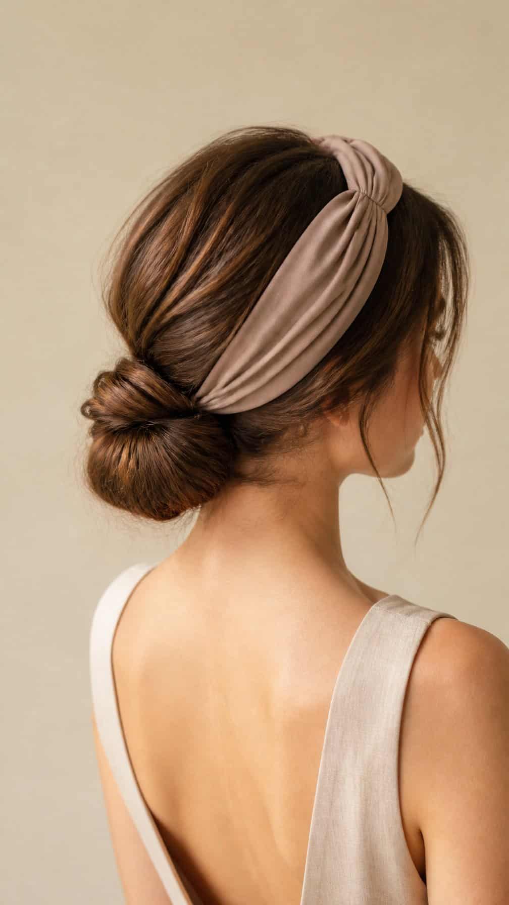 Woman wearing a twisted headband with her hair styled in a low chignon.