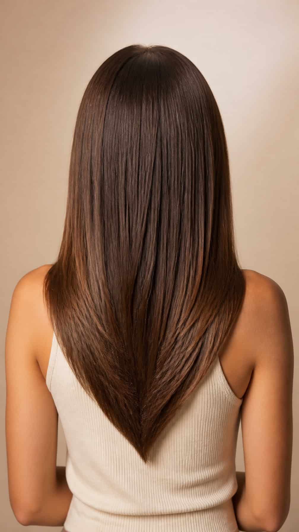 Woman with straight hair cut into a subtly graduated V shape.