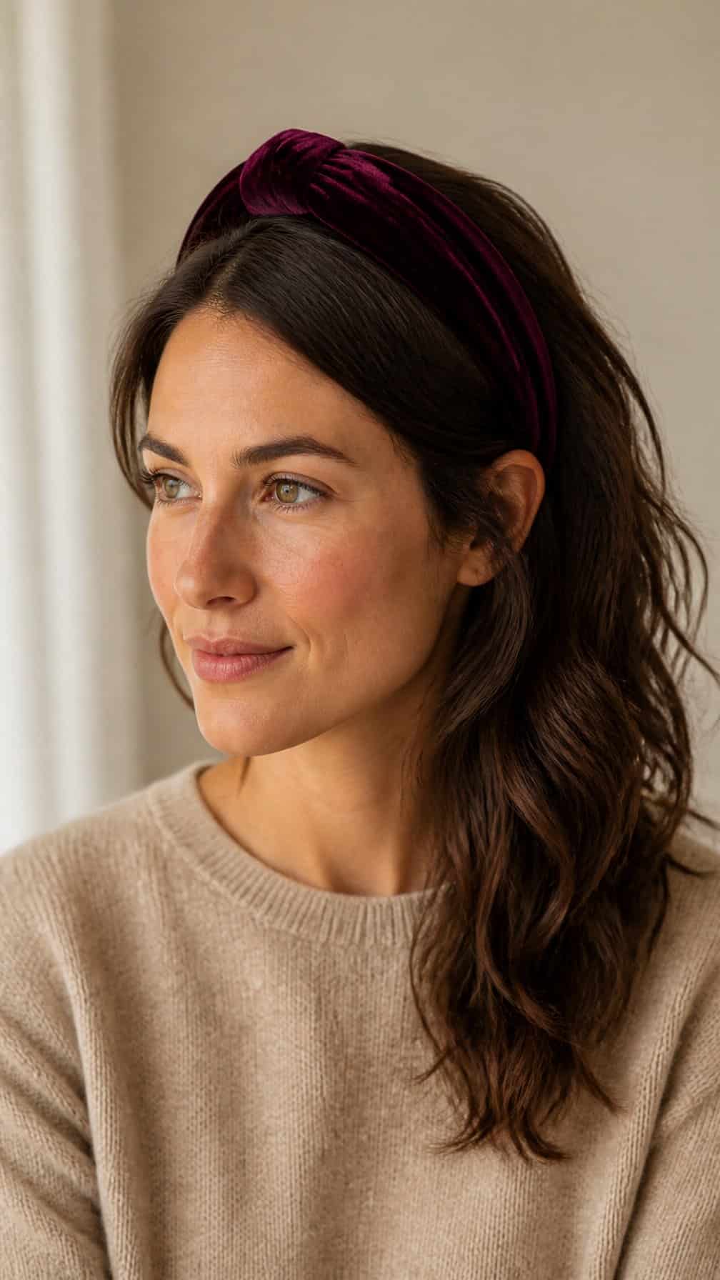 Woman wearing a velvet headband with her hair swept to one side.