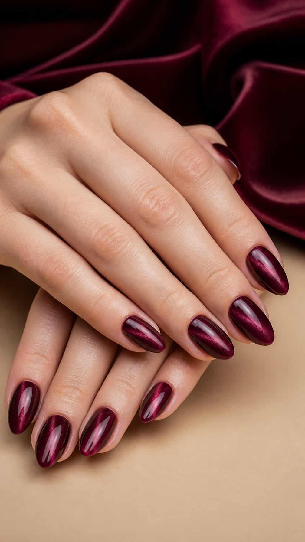 Close-up of hands with glossy maroon cat-eye manicured nails resting on a neutral surface.