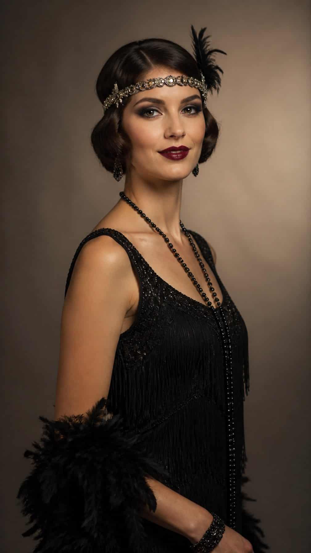 Woman wearing vintage flapper makeup and a black fringe dress, posing against a neutral background.