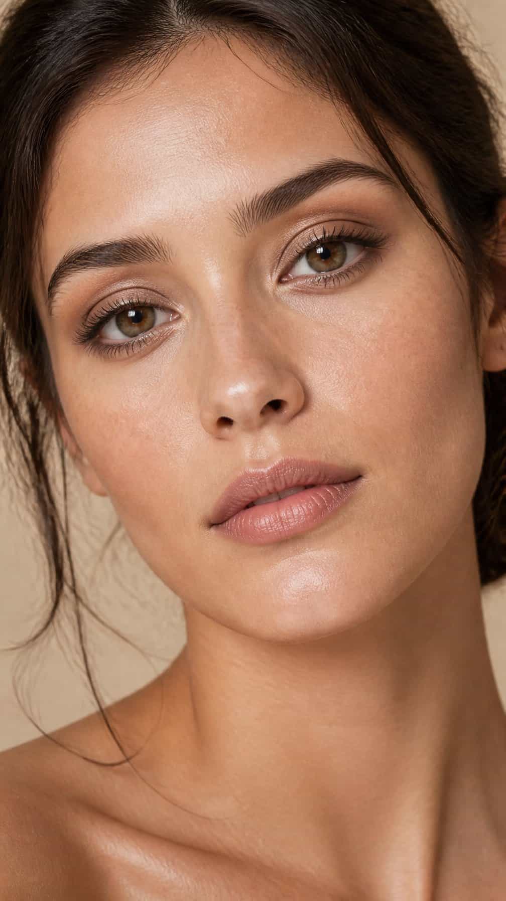 Close-up portrait of a woman wearing softly blended warm taupe eyeshadow in the crease.