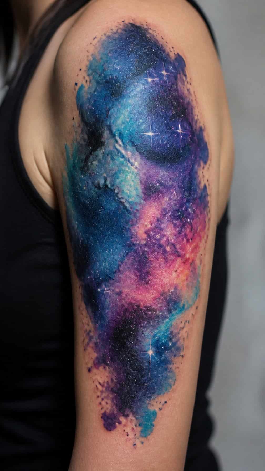 A colorful galaxy tattoo covers an older faded tattoo on a person’s upper arm.