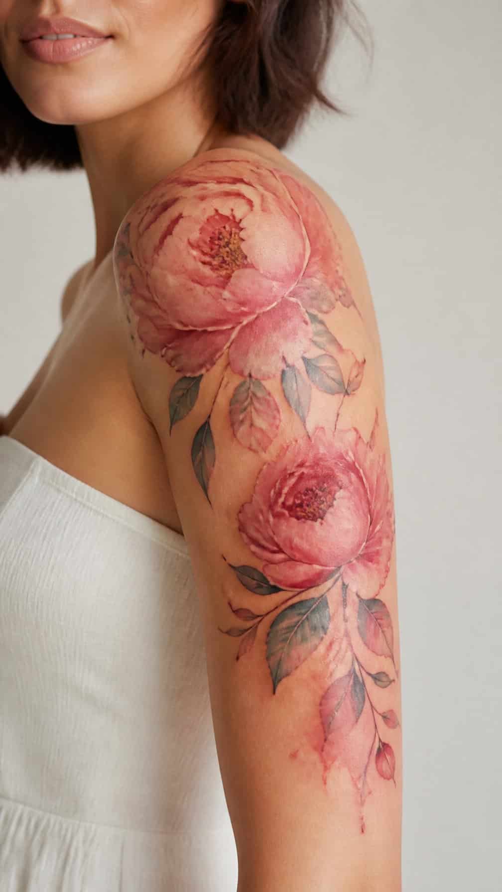 A watercolor peony tattoo flows from an adult’s shoulder down the outer arm.