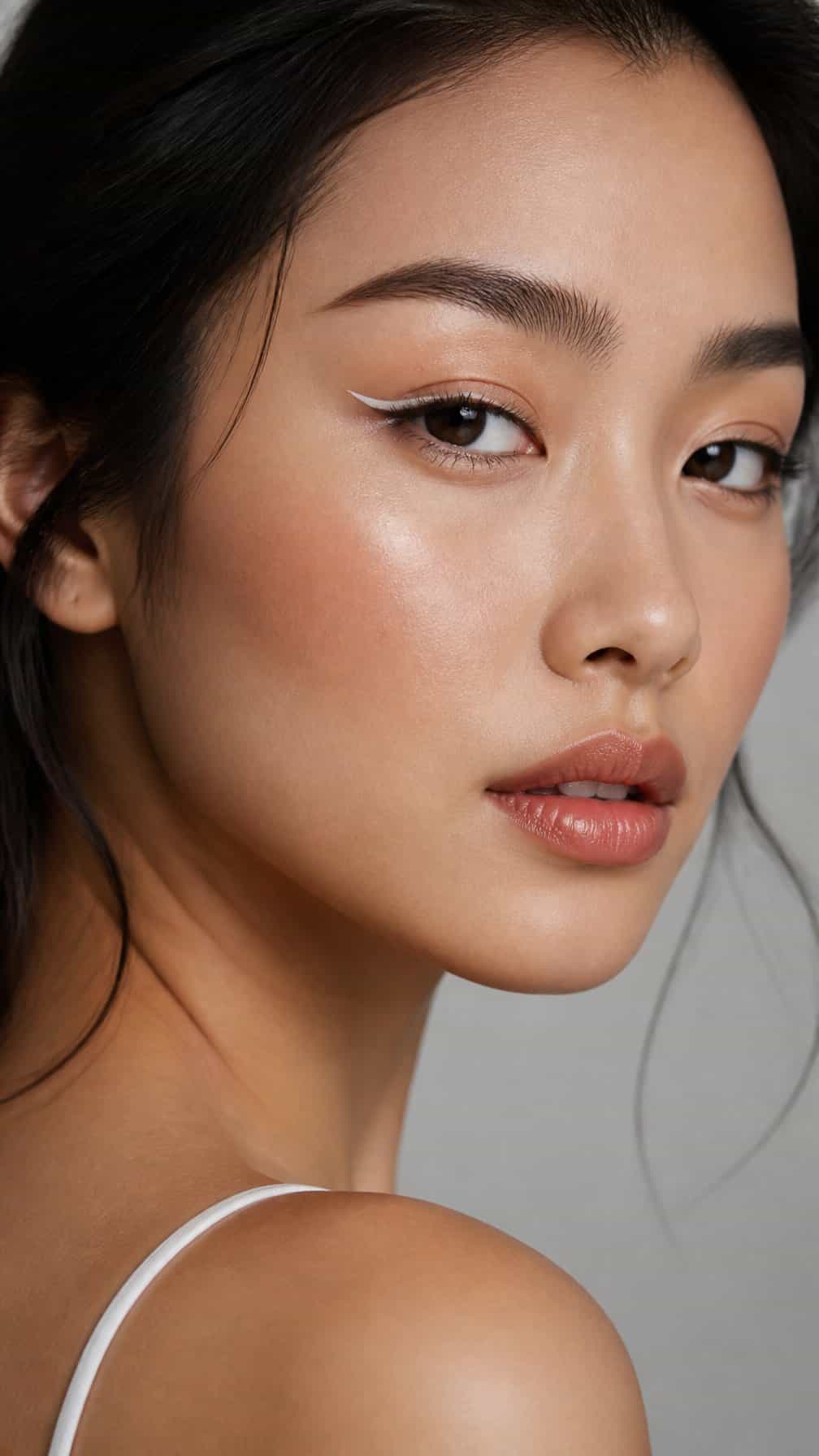 Close-up portrait of a person wearing visible white eyeliner on hooded eyes.