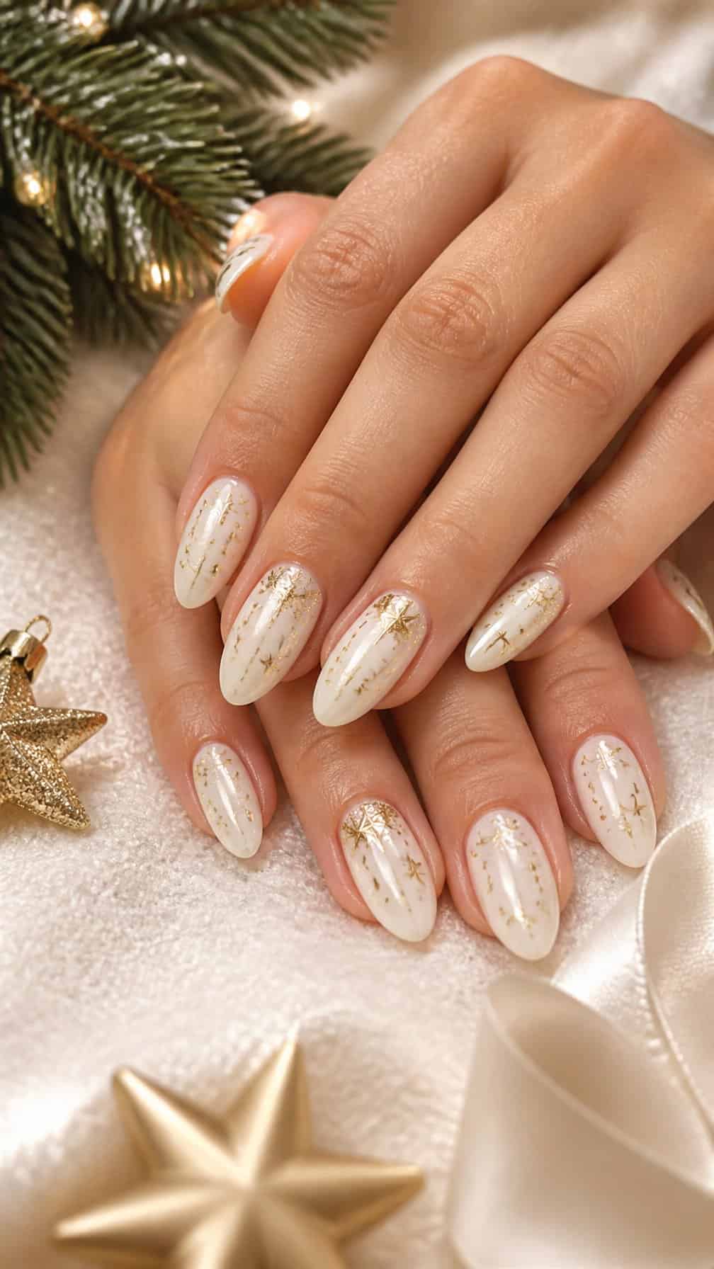 Close-up of manicured hands with white nails decorated with small gold stars beside subtle holiday decorations.