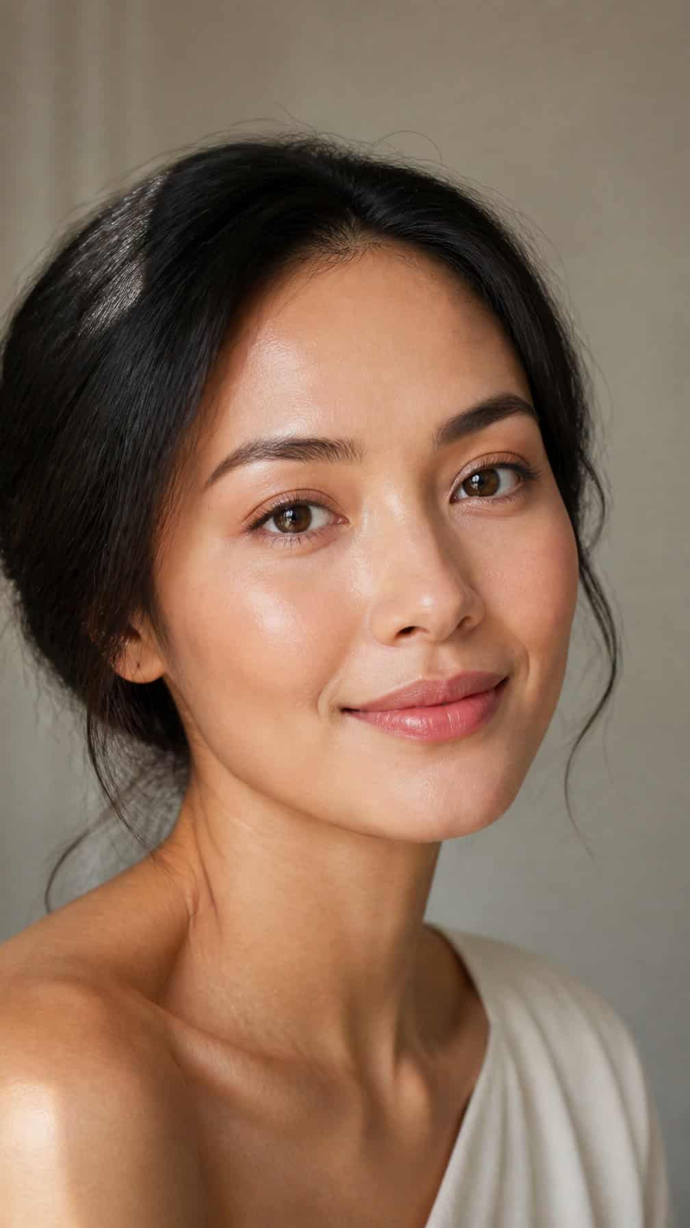 Close-up portrait of a woman with natural makeup and subtly brightened lower waterlines.