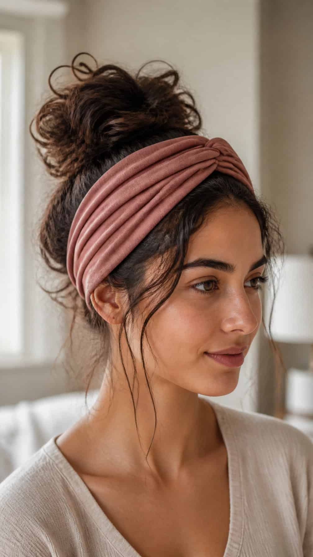 Woman wearing a wide fabric headband with her hair in a messy bun.