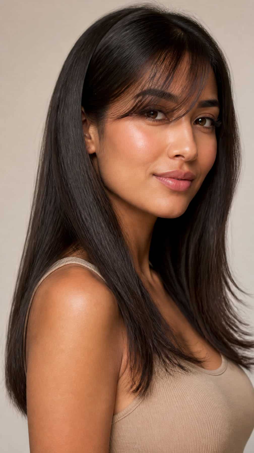 Woman with straight hair and wispy bangs swept across her forehead.