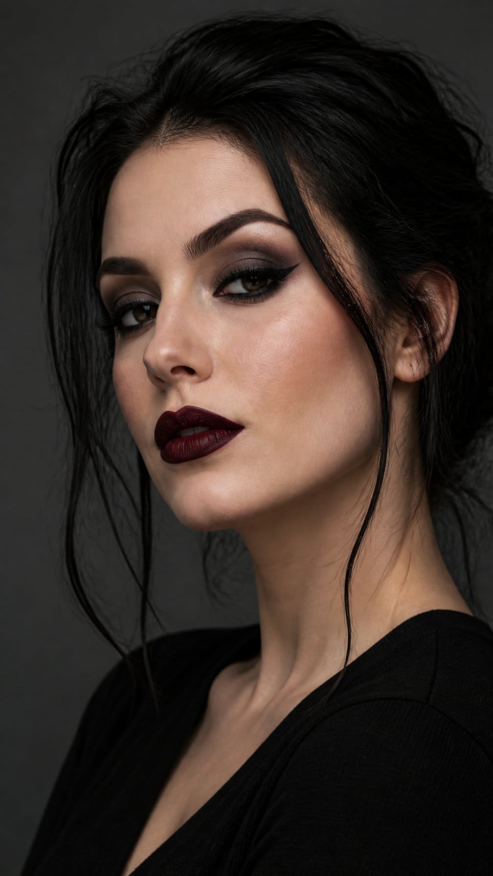 A woman with dark eye makeup and deep burgundy lipstick poses against a gray background.