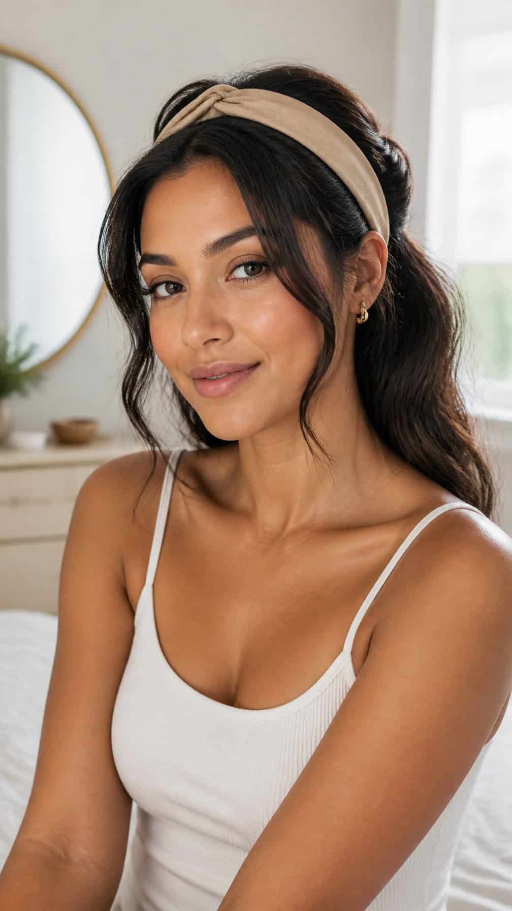 Woman wearing a headband with softly styled hair in a bright bedroom.