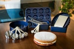 an assortment of bakeware in kitchen on counter