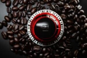 coffee setup surrounded by beans