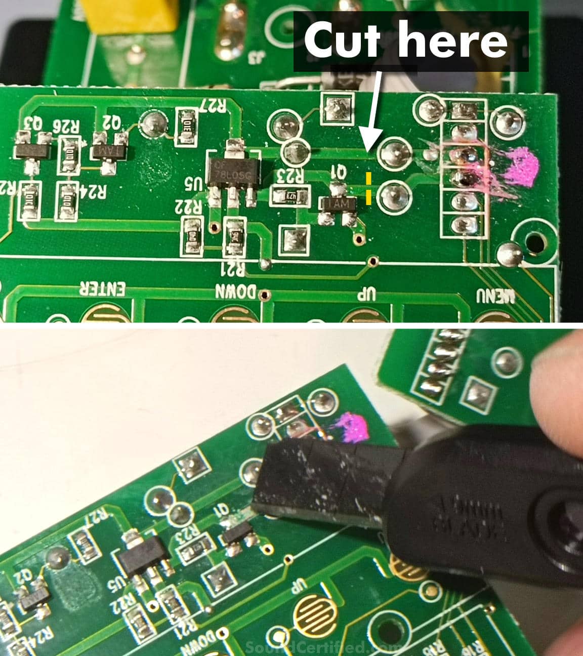 modify-kill-a-watt-meter-cut-pcb-example-image Image showing where to cut the PCB for the modification.