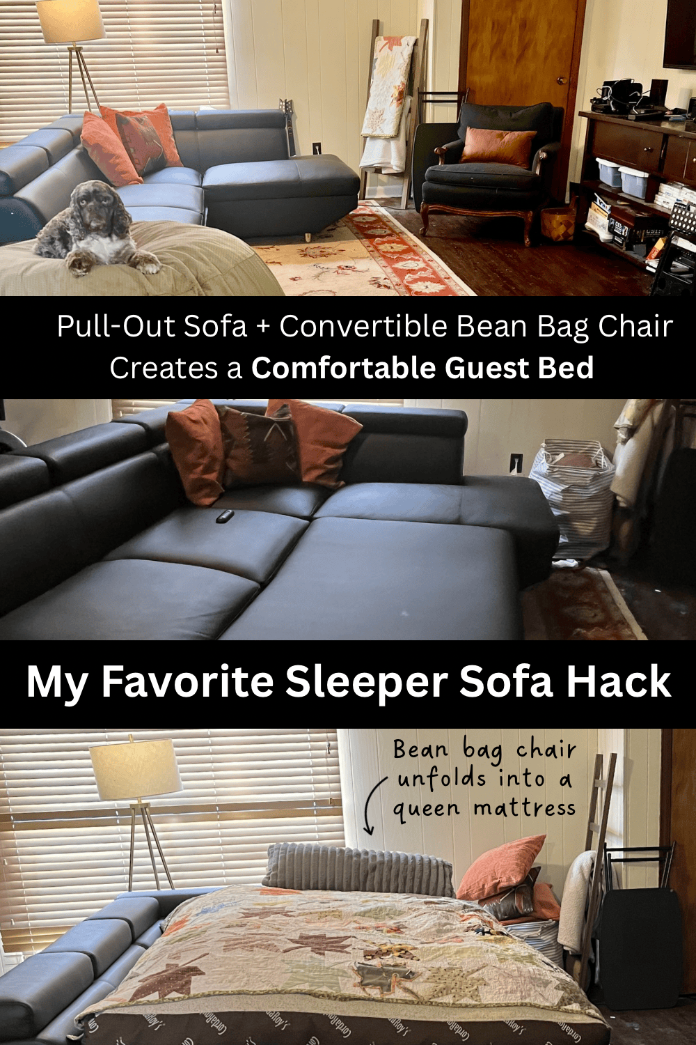 Pull-out sofa with convertible bean bag chair creates a comfortable guest bed.