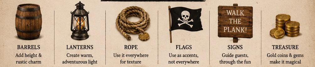 Rustic decor elements including barrels, lanterns, rope, flags, signs, and treasure chest.