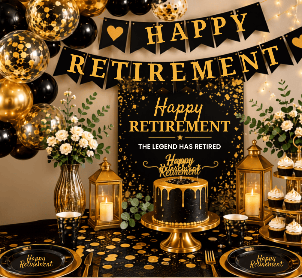 Elegant retirement party setup with black and gold decorations and a cake.