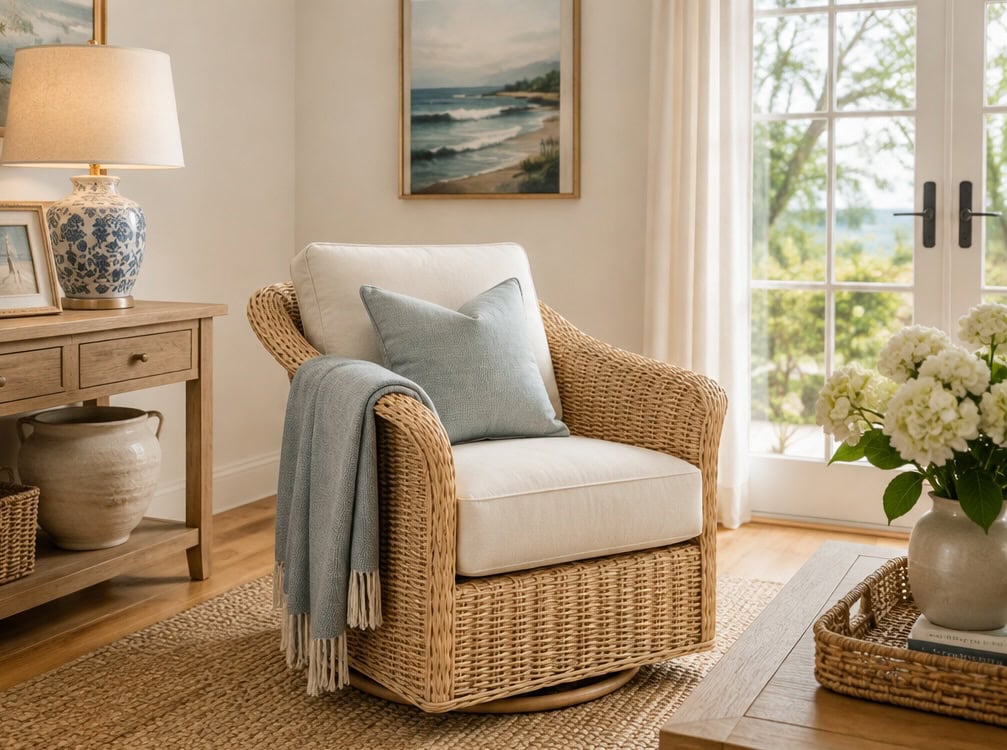 Bright living room with rattan armchair, soft pillow, and natural light.