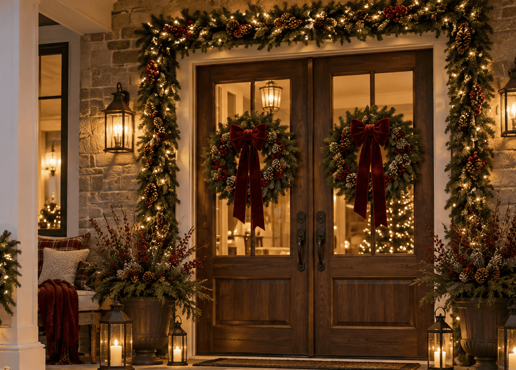 Festive Christmas door with wreaths and holiday decorations at Redcypress Designs.