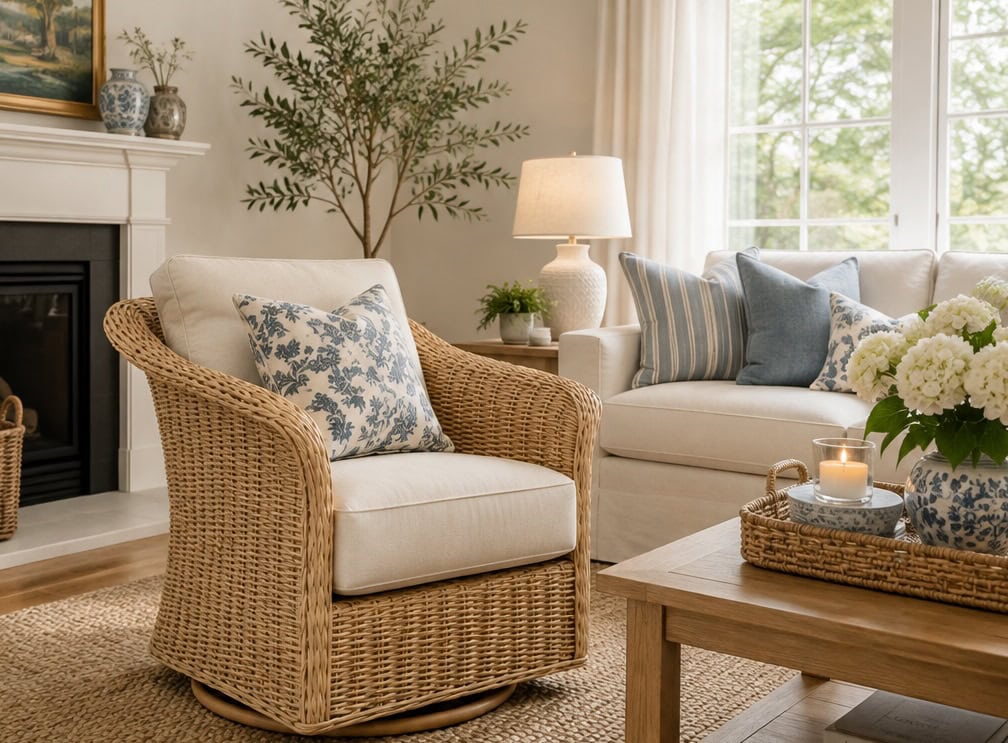 Bright living room with wicker chair, sofa, and natural light.