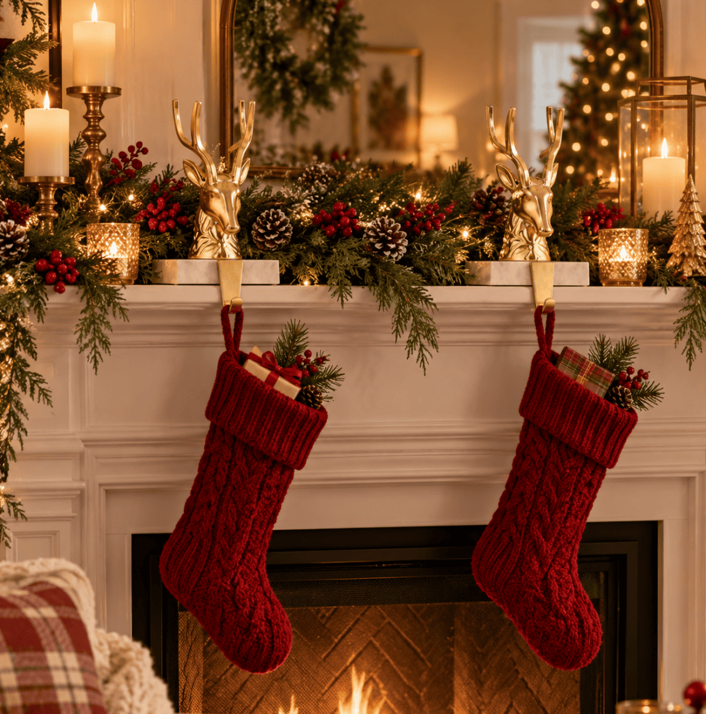 Christmas stockings hanging on fireplace with candles and holiday decorations.