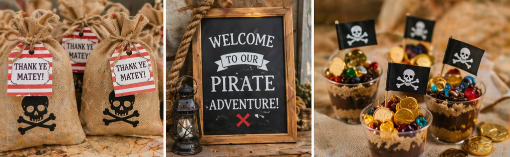 Pirate themed party decorations with skulls, treasure chests, and welcome sign.