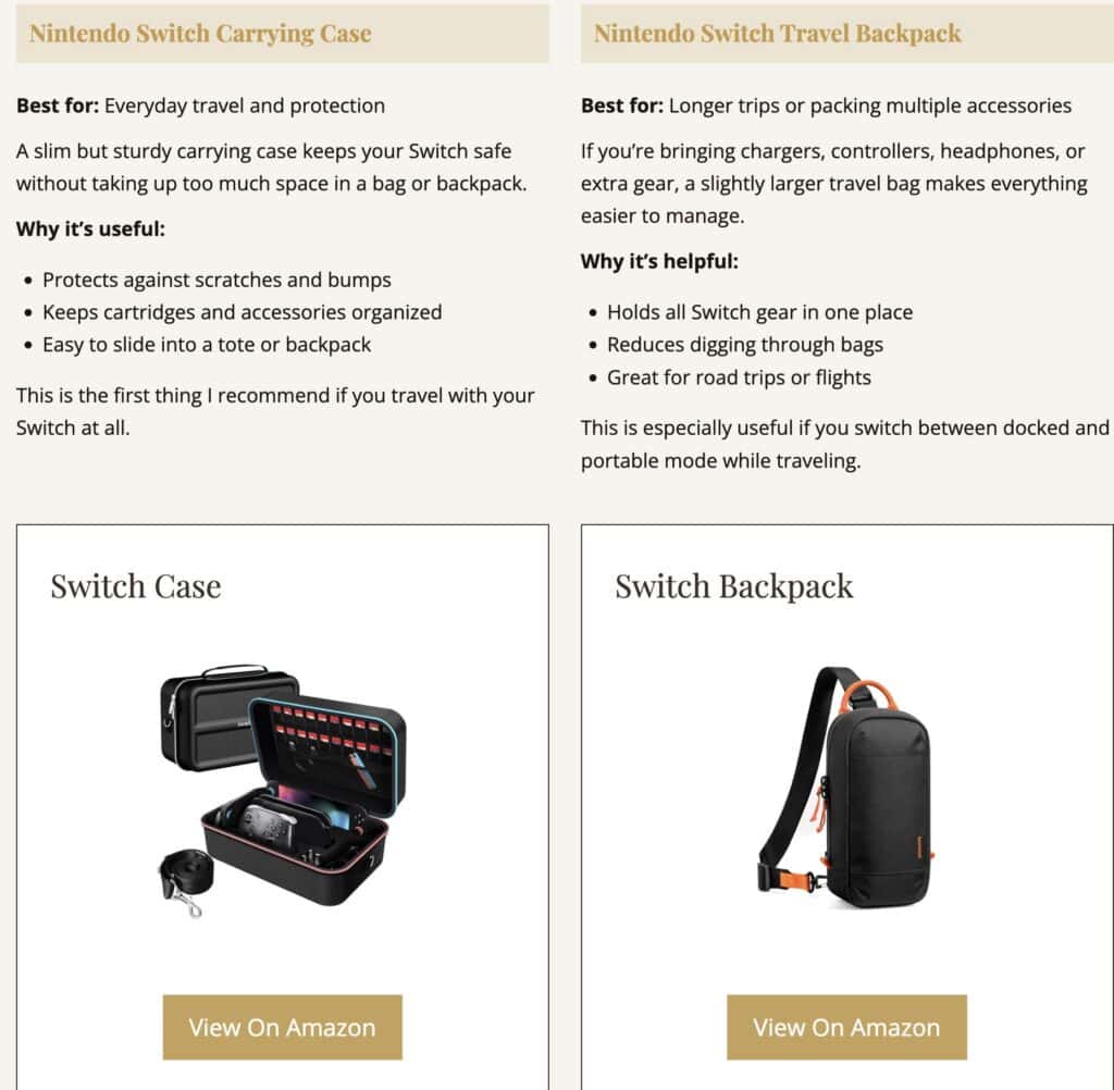 Nintendo Switch travel accessories including a carrying case and backpack.