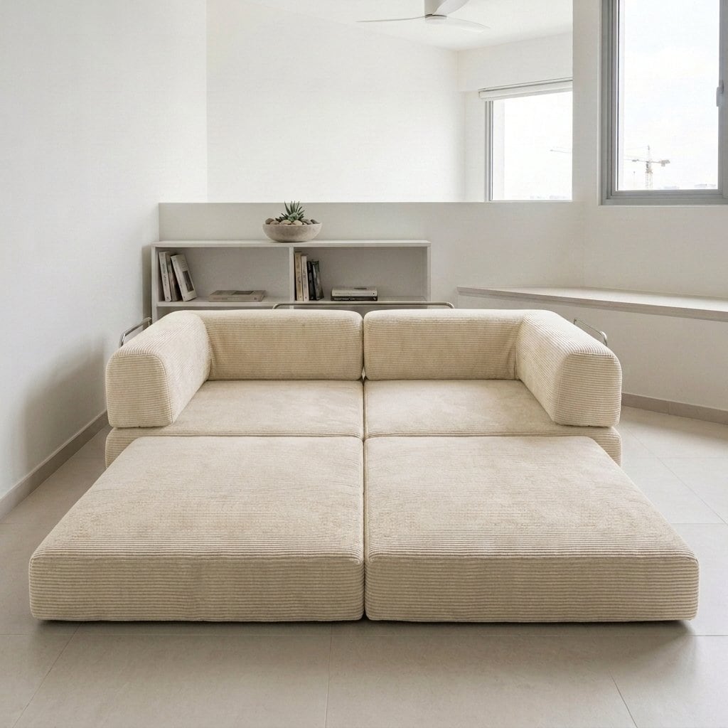 Sienna II in Vanilla Cloud Weave, opened into a bed