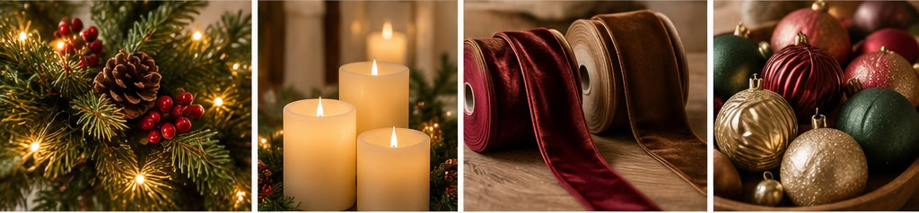 Festive holiday decorations with candles, ribbons, and ornaments.