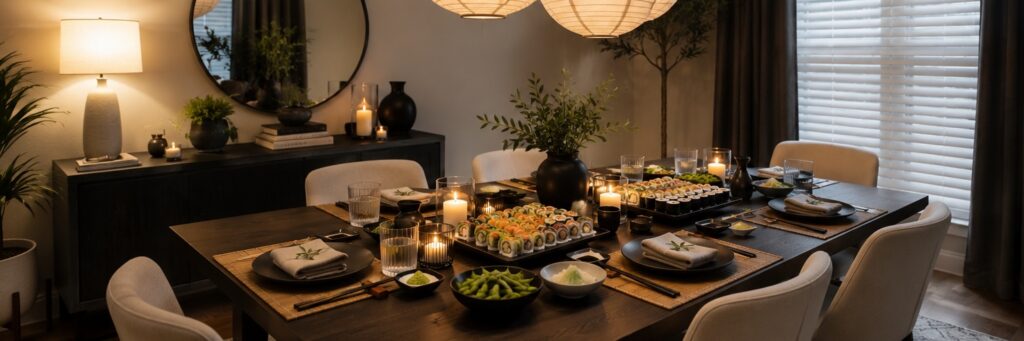 Stylish dining room with candles, plants, and modern decor for gatherings.