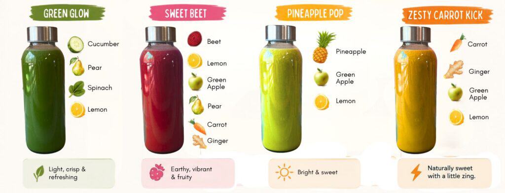 Colorful juice bottles with fresh fruits and vegetables for healthy smoothies.