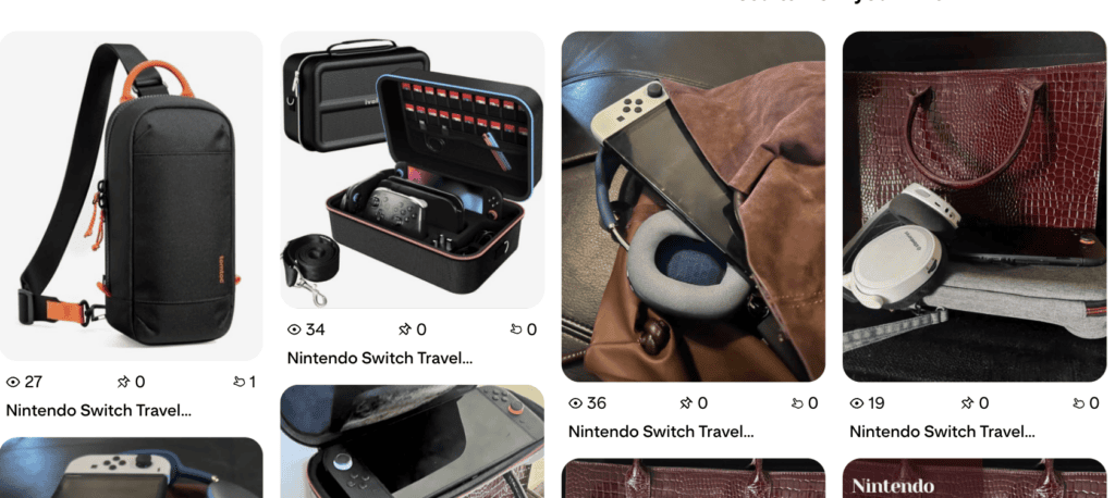 Nintendo Switch travel accessories including case, headphones, and carrying bag.