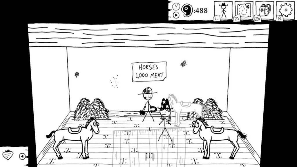 Black and white cartoon of horses in a sale ring with a person selling them.