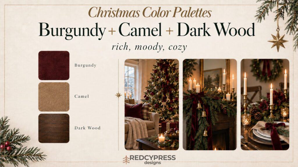 Christmas decor with burgundy, camel, and dark wood color themes.