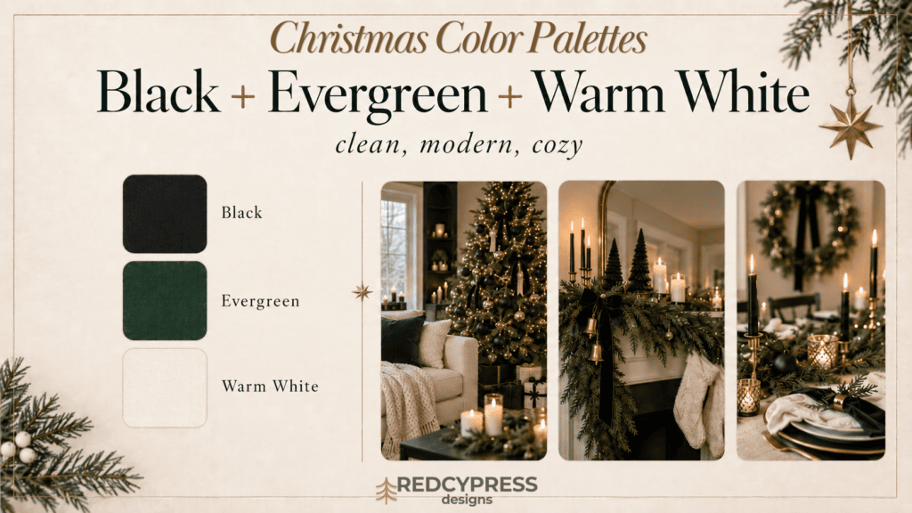 Festive Christmas decor with black, evergreen, and warm white color themes.