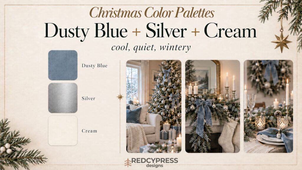 Festive Christmas decor with dusty blue, silver, and cream color themes.