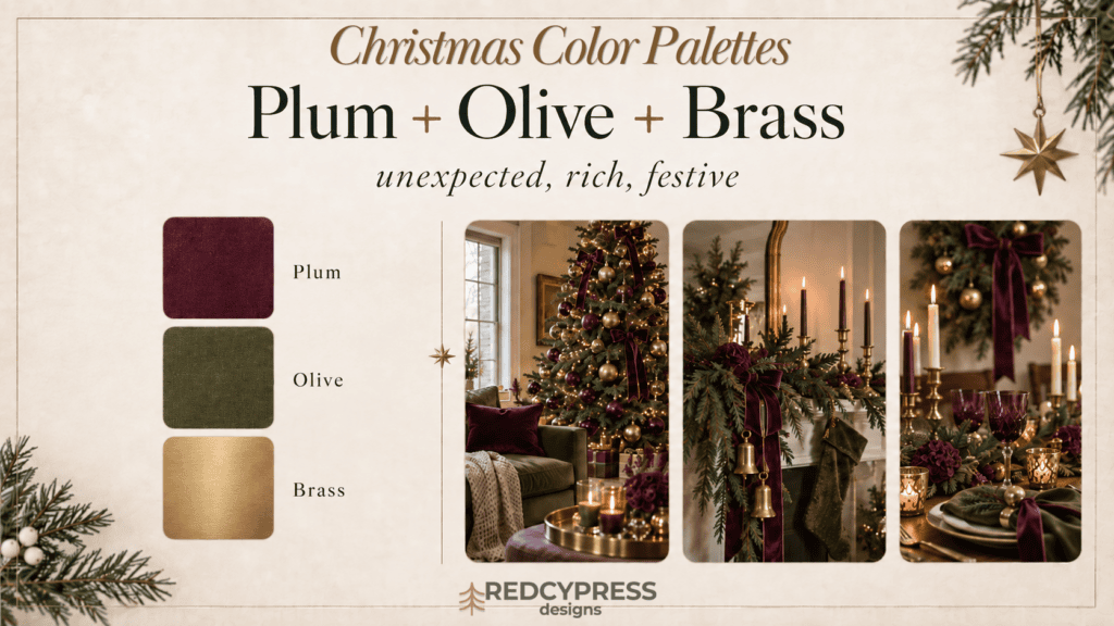 Festive Christmas decor with plum, olive, and brass color themes.