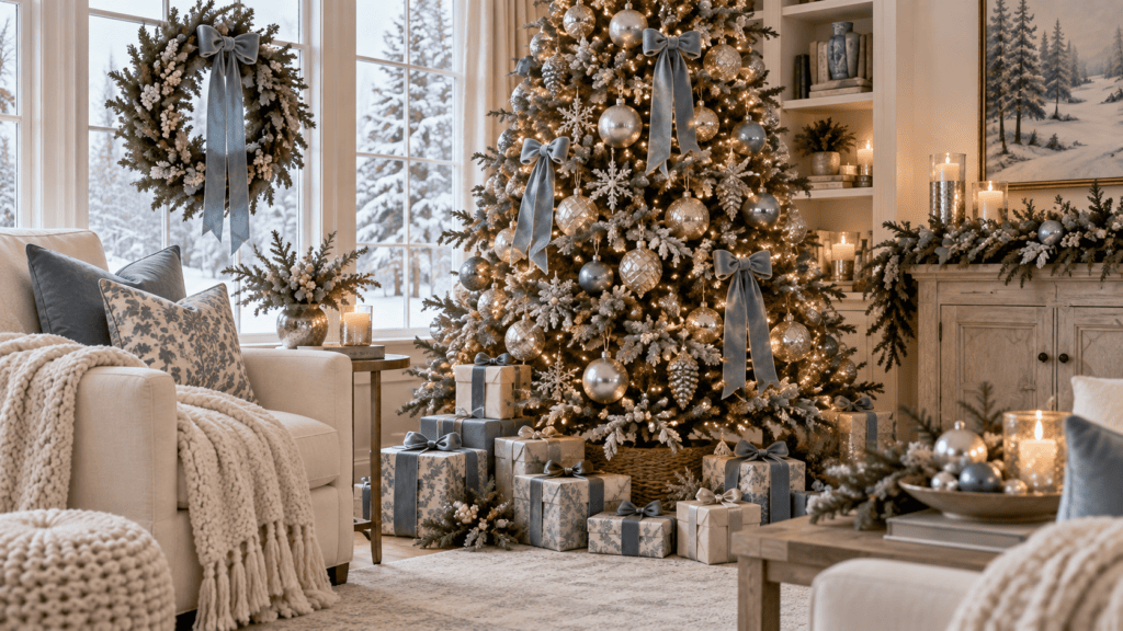 Beautifully decorated Christmas tree with ornaments, ribbons, and wrapped gifts.