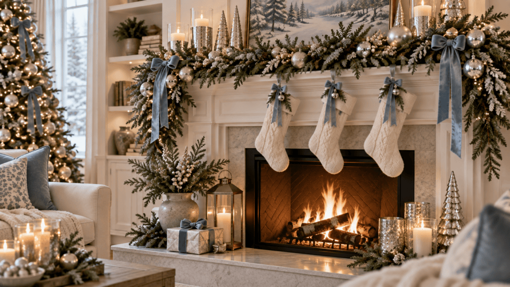 Cozy living room with decorated fireplace and Christmas stockings.