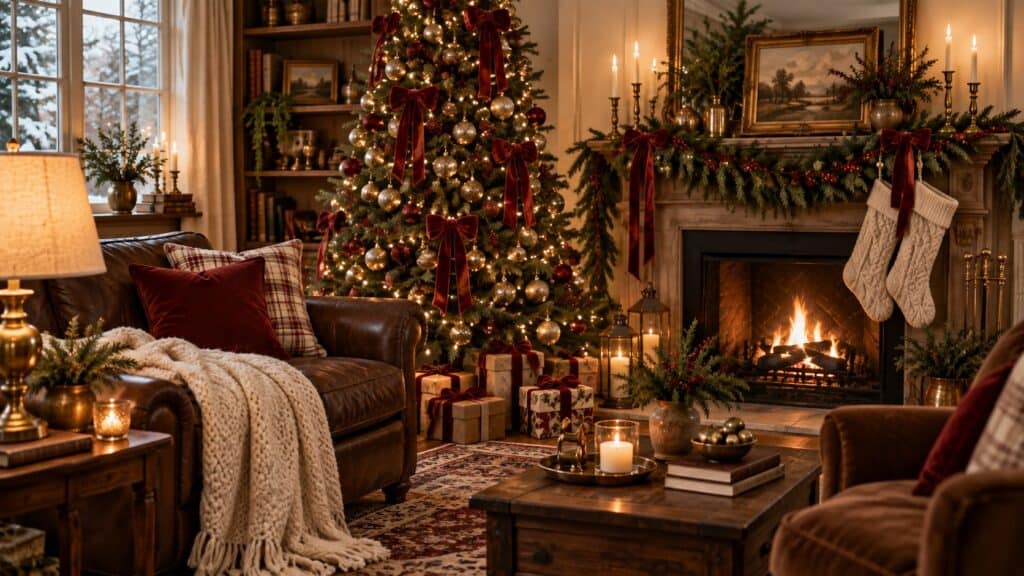 Cozy Christmas living room with decorated tree and fireplace.