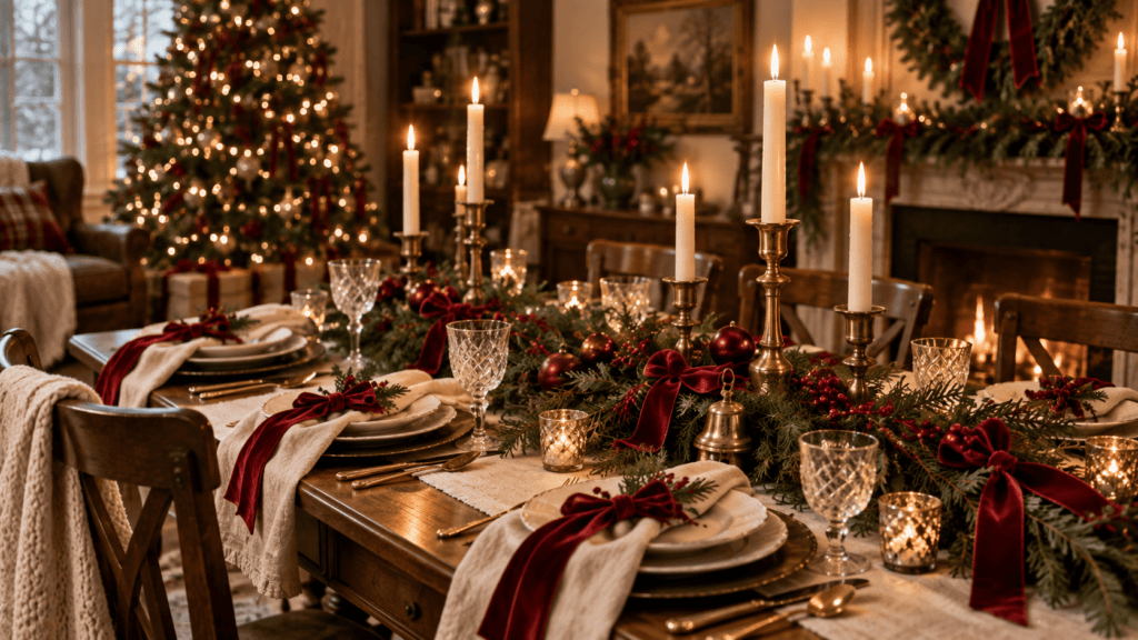 Festive holiday dining table decorated with candles, ornaments, and greenery.