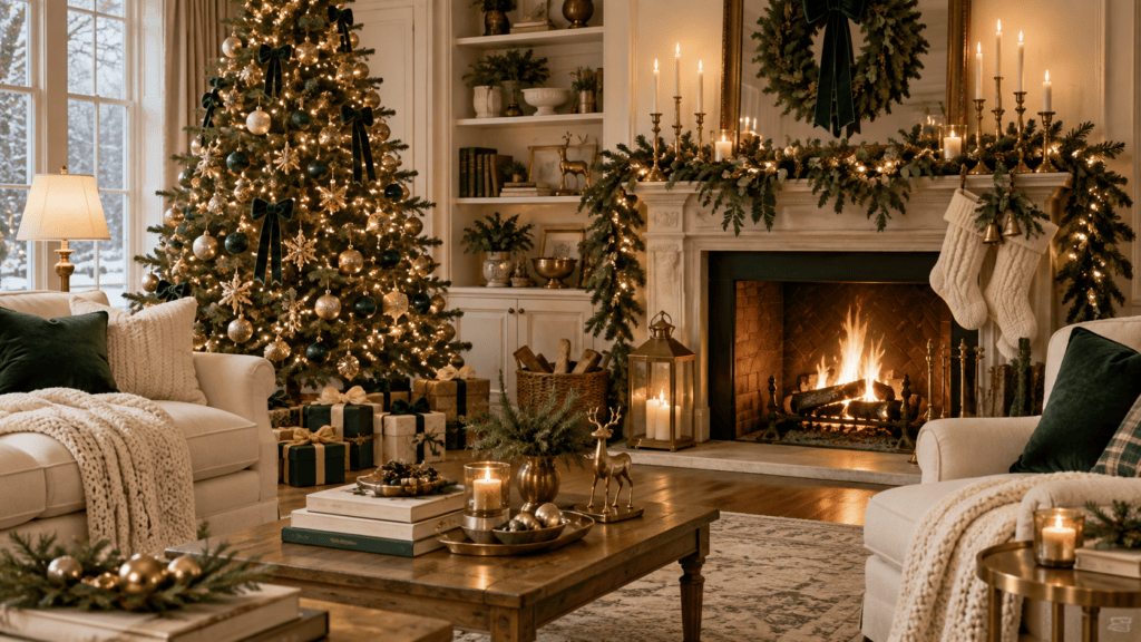 Cozy living room with decorated Christmas tree and fireplace with stockings.