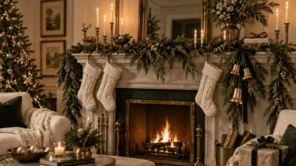 Cozy living room decorated for Christmas with stockings and garlands.