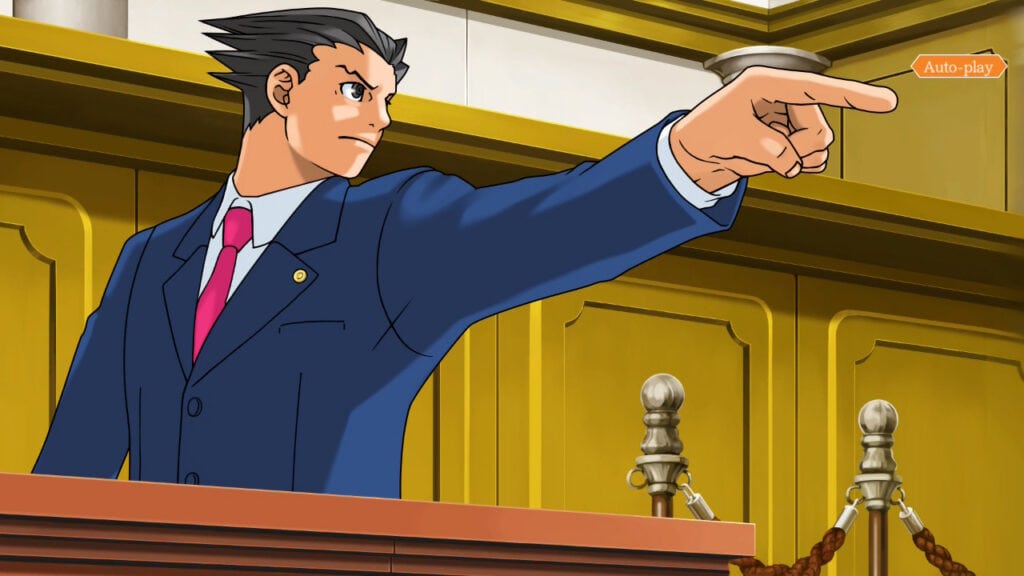 Anime lawyer in courtroom pointing with serious expression.