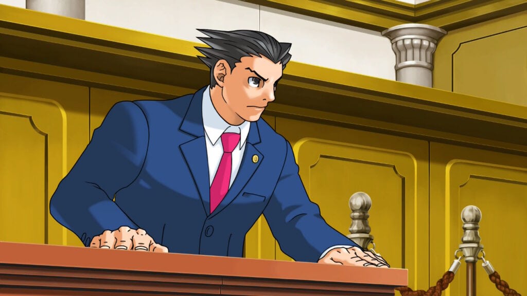 Animated man in a blue suit in courtroom setting, focused and professional.