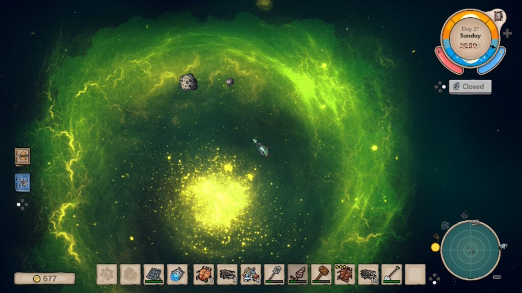 Space Chef spaceship flying through a green nebula